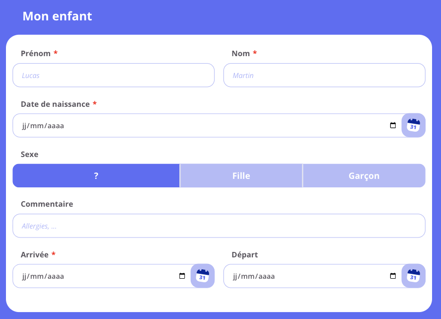 Formulaire de préinscription en ligne : informations sur l'enfant